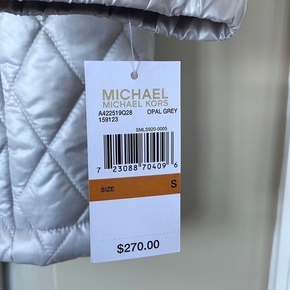 Brand New Michael Kors Opal Gray Quilted Stitch Logo Neck Zippered Jacket Coat - Picture 6 of 15